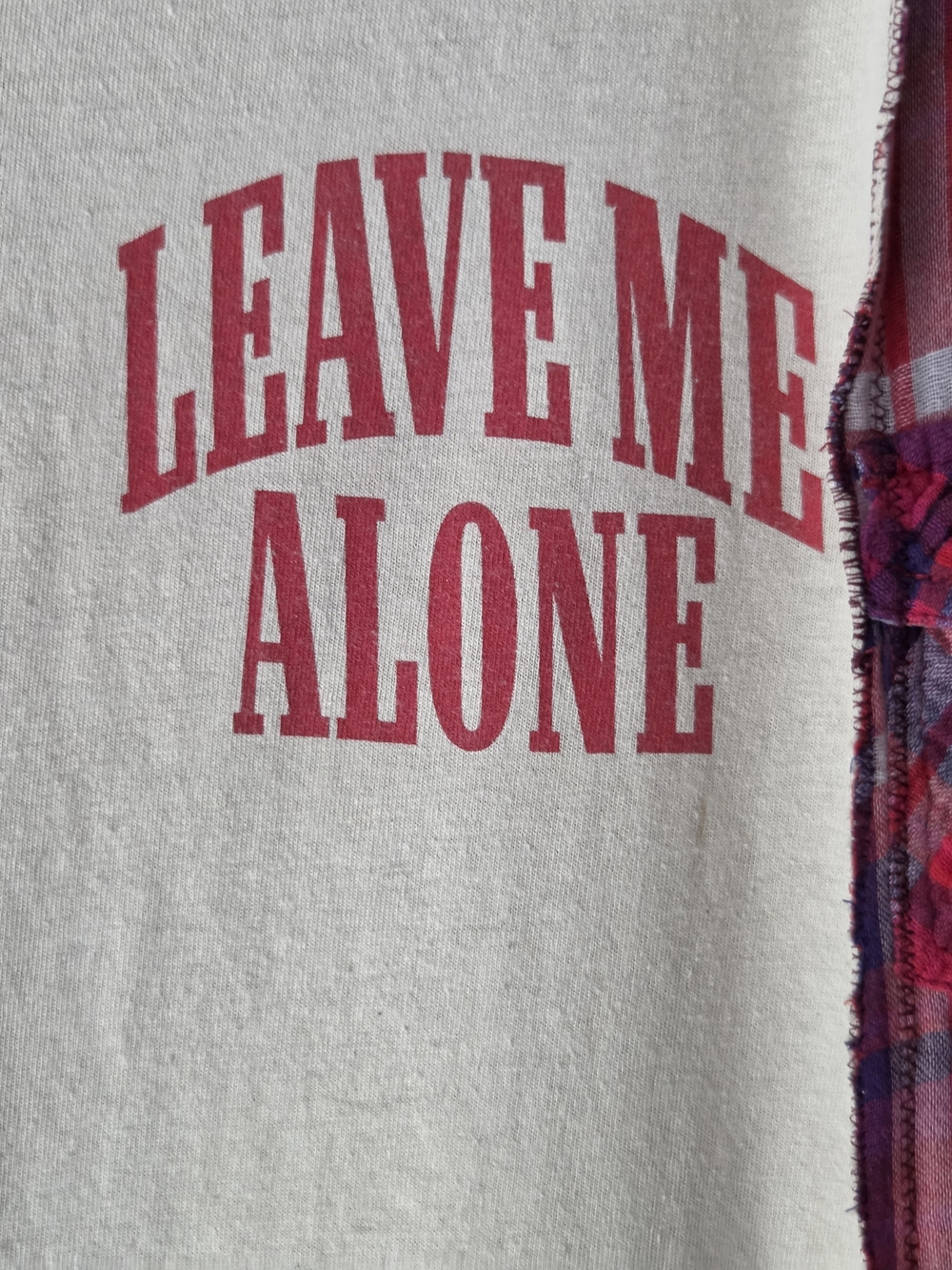 Upcycled Leave Me Alone Graphic Tee with Red Plaid Sleeve Detail - Picture 6 of 12